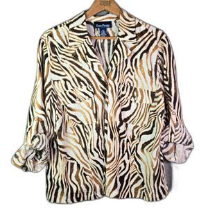 Evan Picone Womens Blouse Ivory Zebra Print 2X Linen Roll Tab Sleeves